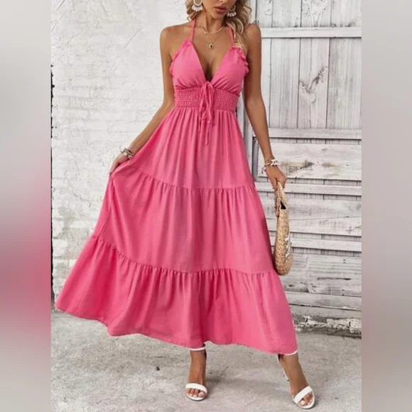 NEW Ruffle Tie Halter Tiered Long Dress Pink - Picture 5 of 7
